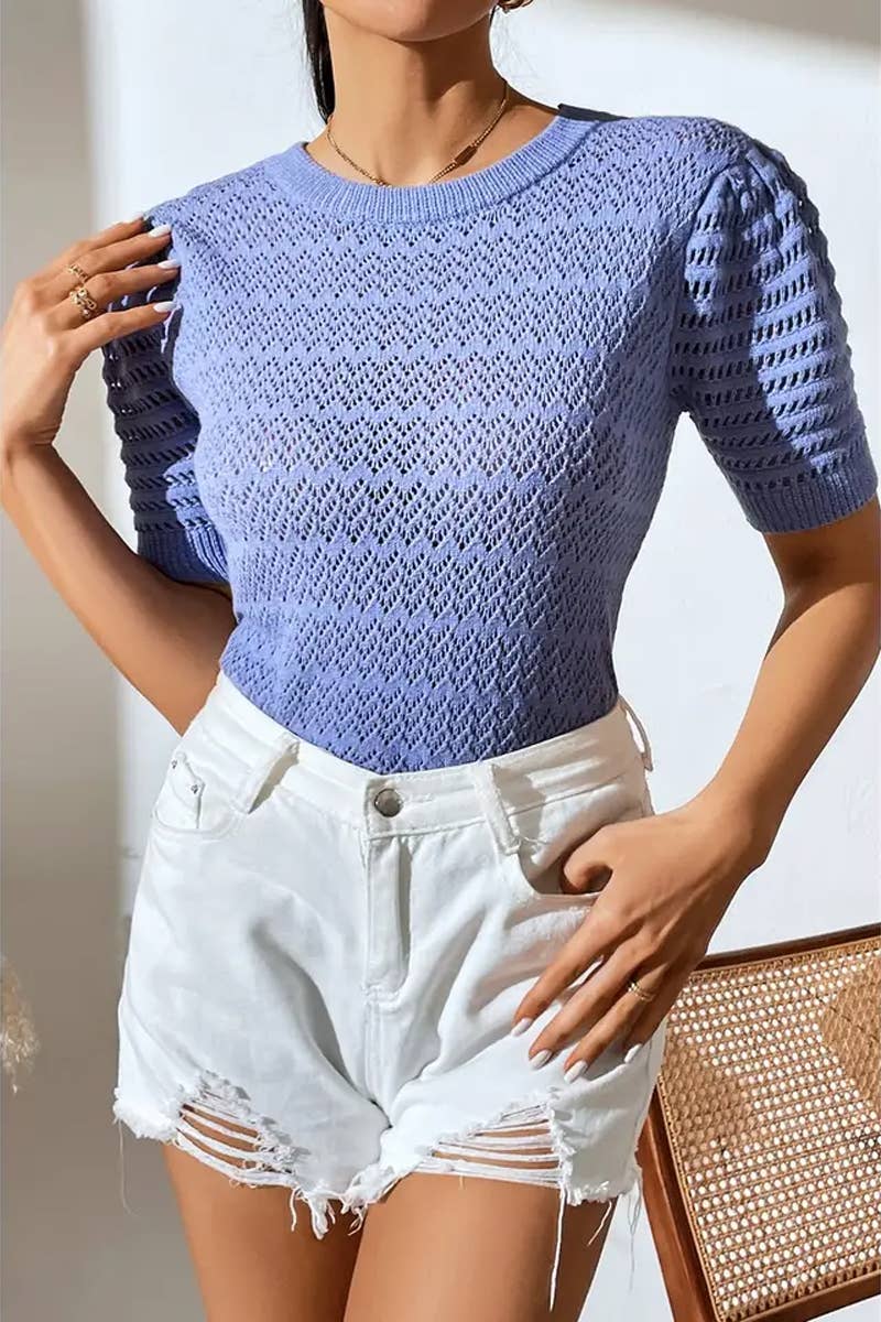 CWTBLS1766_SPRING AND SUMMER HOLLOW SOLID COLOR PULLOVER TOP