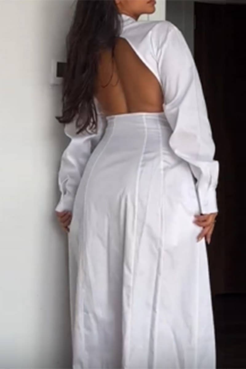 CWDMD4601_BACKLESS WAISTED SOLID COLOR LONG SLEEVE DRESS