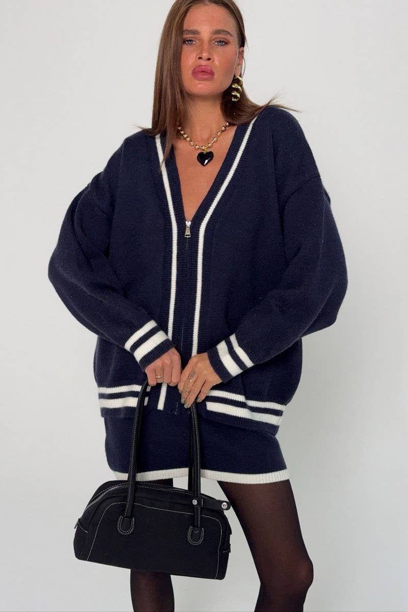 CWSTB1521_CONTRAST COLOR ZIPPER LETTER CARDIGAN SWEATER SET