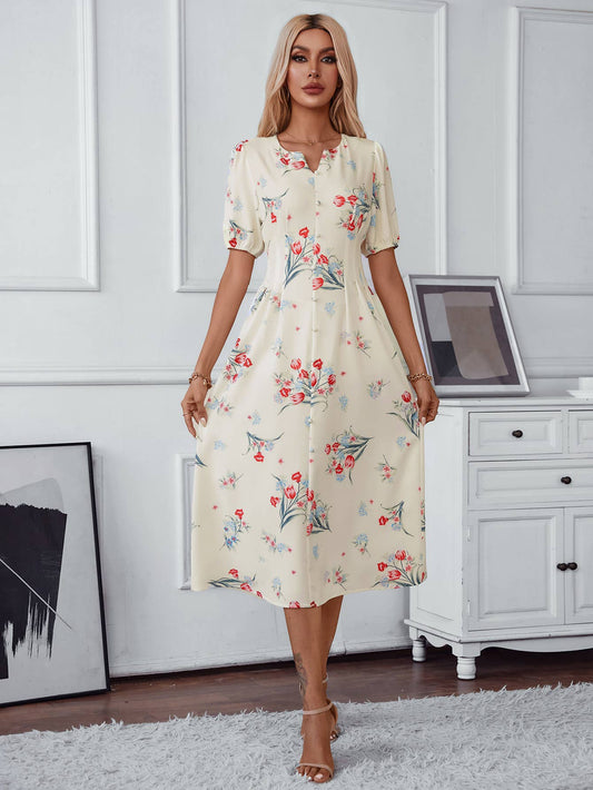 FLORAL PRINT NOTCH V-NECK ELEGANT LONG DRESS