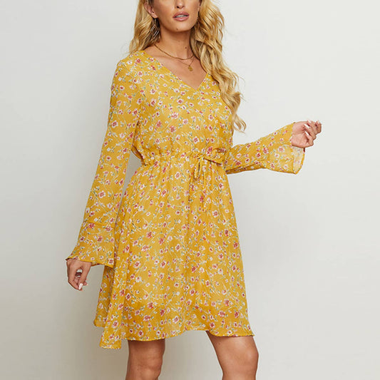 FLORAL LONG-SLEEVED V-NECK BOHO DRESS
