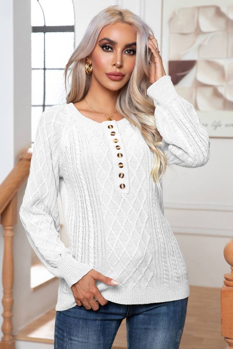 CWOSWL6372_CASUAL BUTTON-UP LONG-SLEEVED KNIT SWEATER
