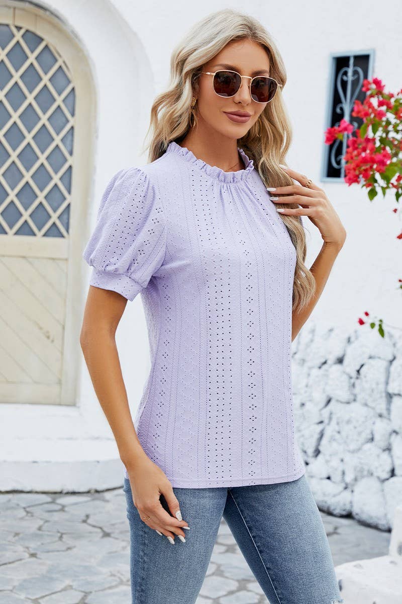 CWTSTS0364_PUFFY SLEEVE LOOSE HOLLOW-OUT PLEATED T SHIRT