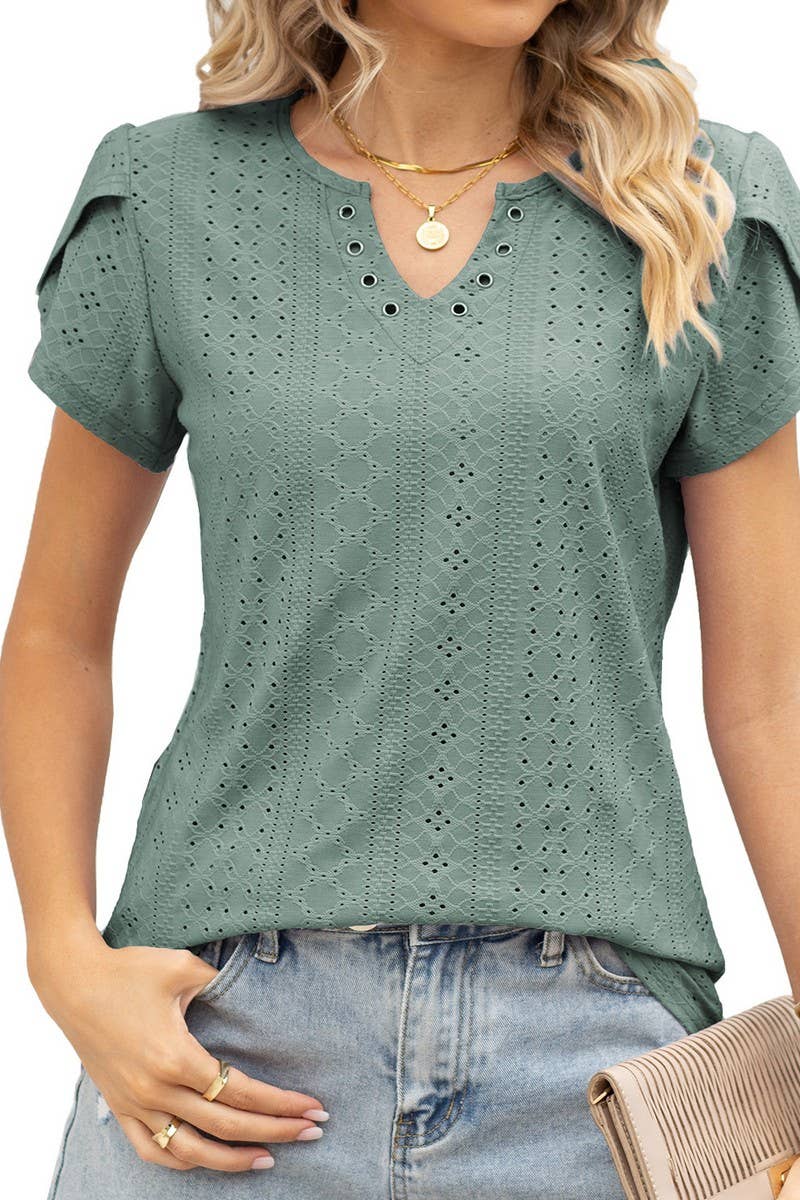 CWTBLS0878_V-NECK BUTTONED CUTOUT LOOSE SHORT-SLEEVED TOP