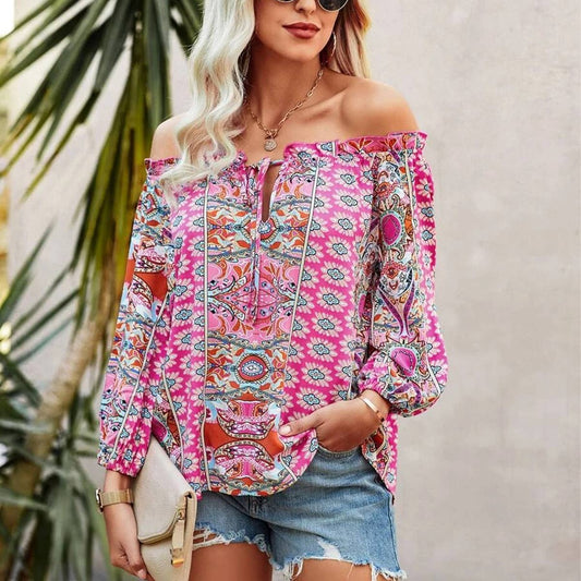 FLORAL PRINT OFF-THE-SHOULDER RUFFLED KNOT SHIRT