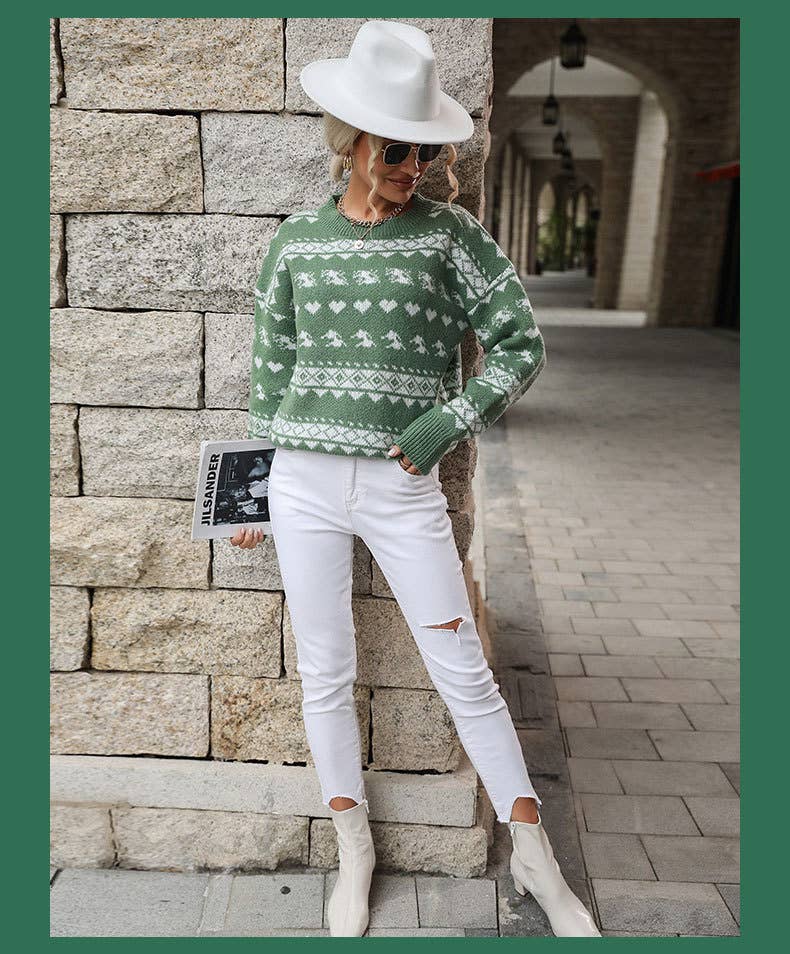 Crew-neck red knit Christmas snowflake sweater