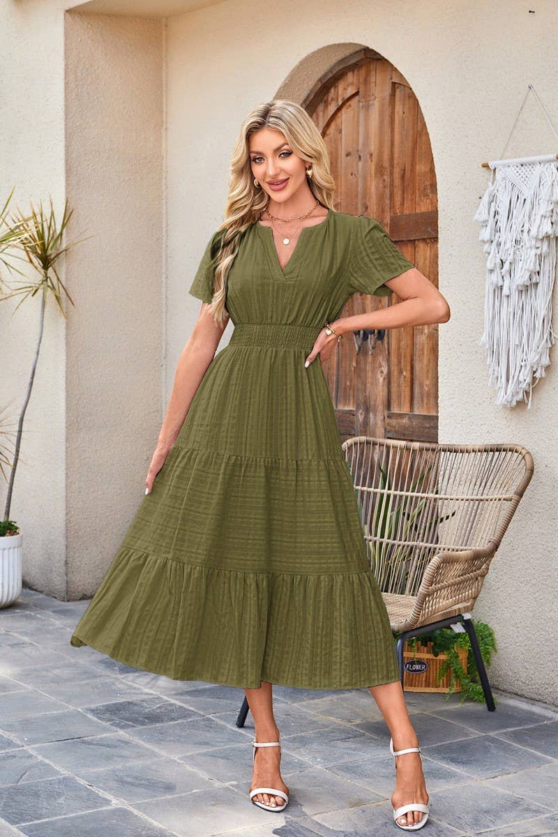 CWDMD6338_V-NECK PLEATED PUFF SLEEVES LONG-SLEEVED DRESS