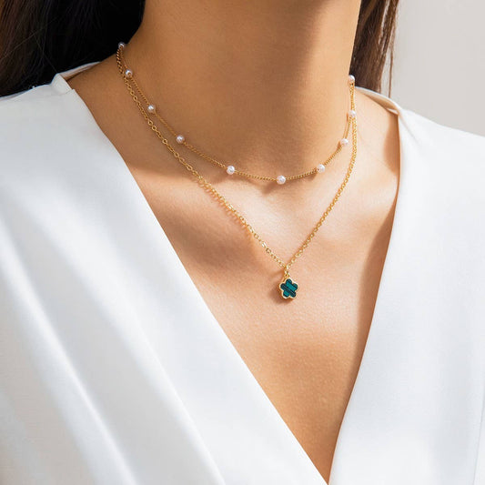 SIMPLE IMITATION PEARL BEADED FLOWER NECKLACE_CWAJE1133