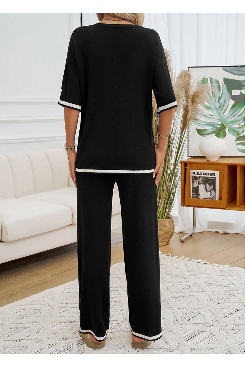 CWSTB0963_Color Matching Short Sleeved Top Pants Knit Set