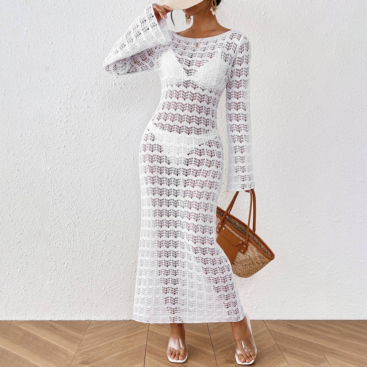 Elegant French sexy long hollow knit dress