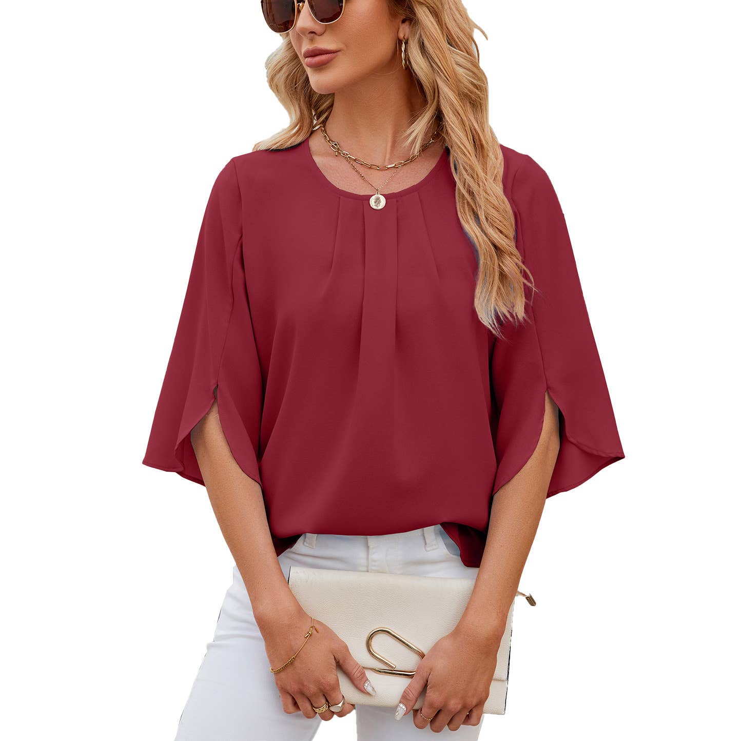 Crew-neck loose chiffon with five-quarter sleeves