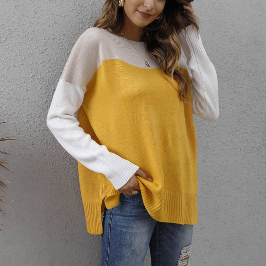 Color contrast patchwork pullover knitted sweater