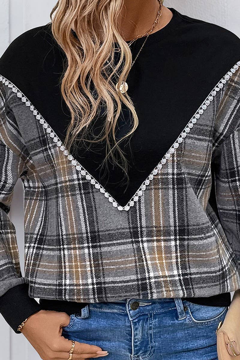 CWTBLL3714_CASUAL PLAID STITCHING ROUND NECK SWEATSHIRT