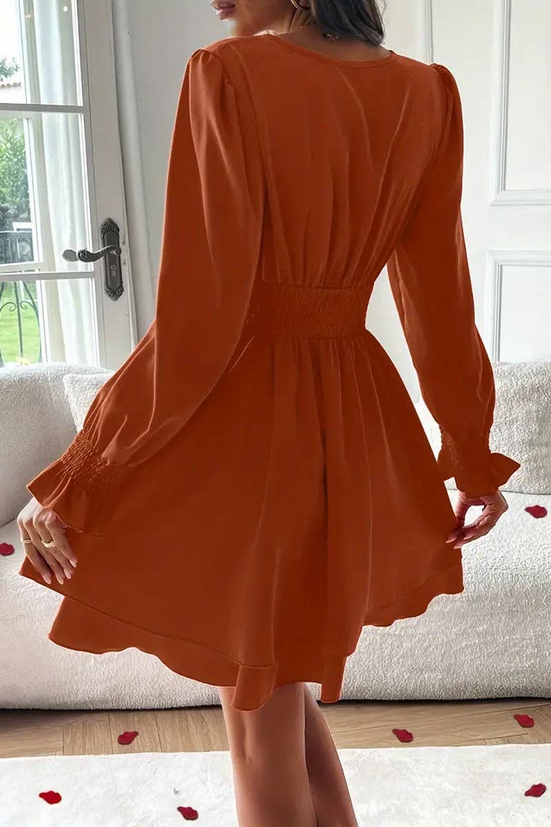 CWDSD8566_SOLID DOUBLE LAYER HEM V-NECK WAIST DRESS