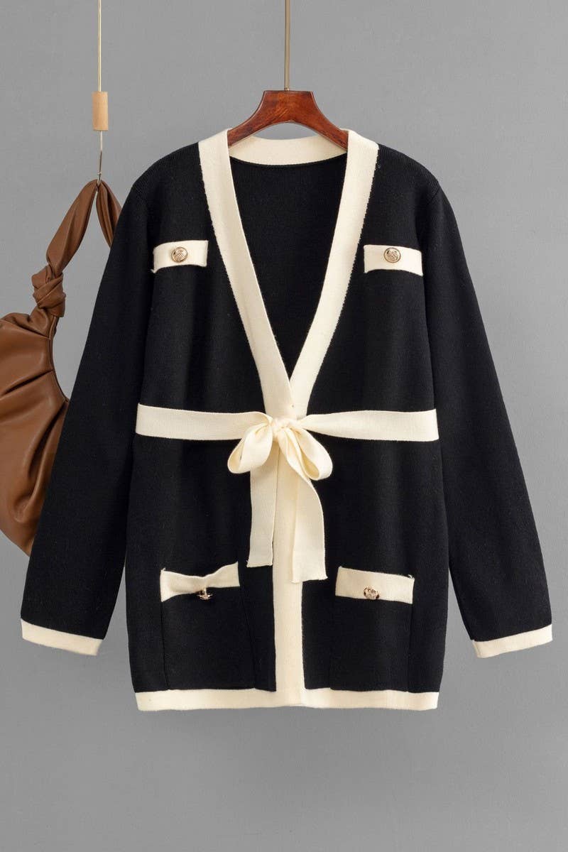 CWOCAL00675_V NECK COLORBLOCK TIE BUTTON PLUS CARDIGAN