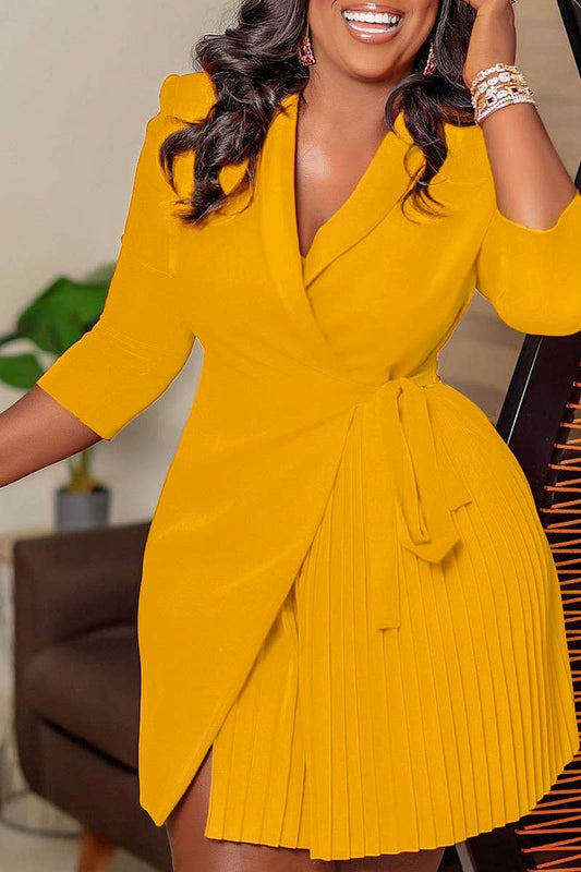 CWDSD3574_PLUS SIZE SUIT COLLAR STRAPPED PLEATED SHORT DRESS