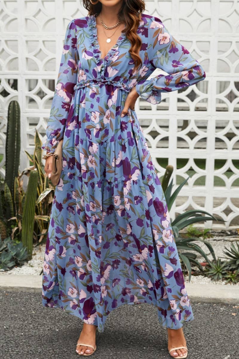 CWDMD2958_RUFFLED TIERED LONG-SLEEVED V-NECK FLORAL DRESS