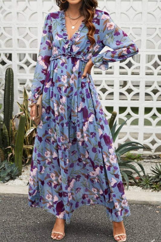 CWDMD2958_RUFFLED TIERED LONG-SLEEVED V-NECK FLORAL DRESS