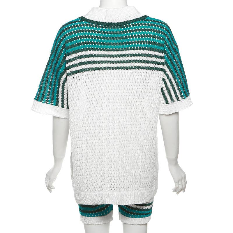 CUT-OUT LAPEL TOP AND SHORTS KNIT CASUAL SUIT