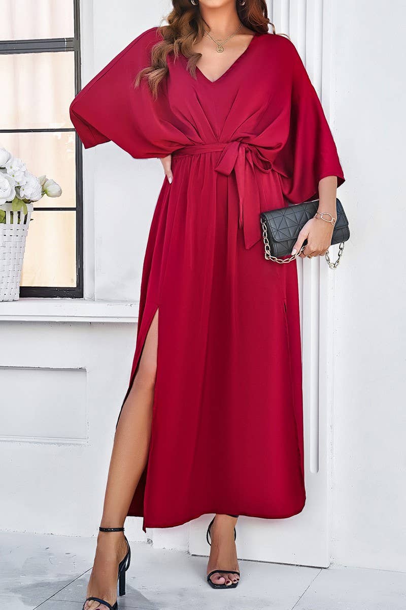 CWDMD1334_V-Neck 3/4 Sleeve With Belt Maxi Dresses