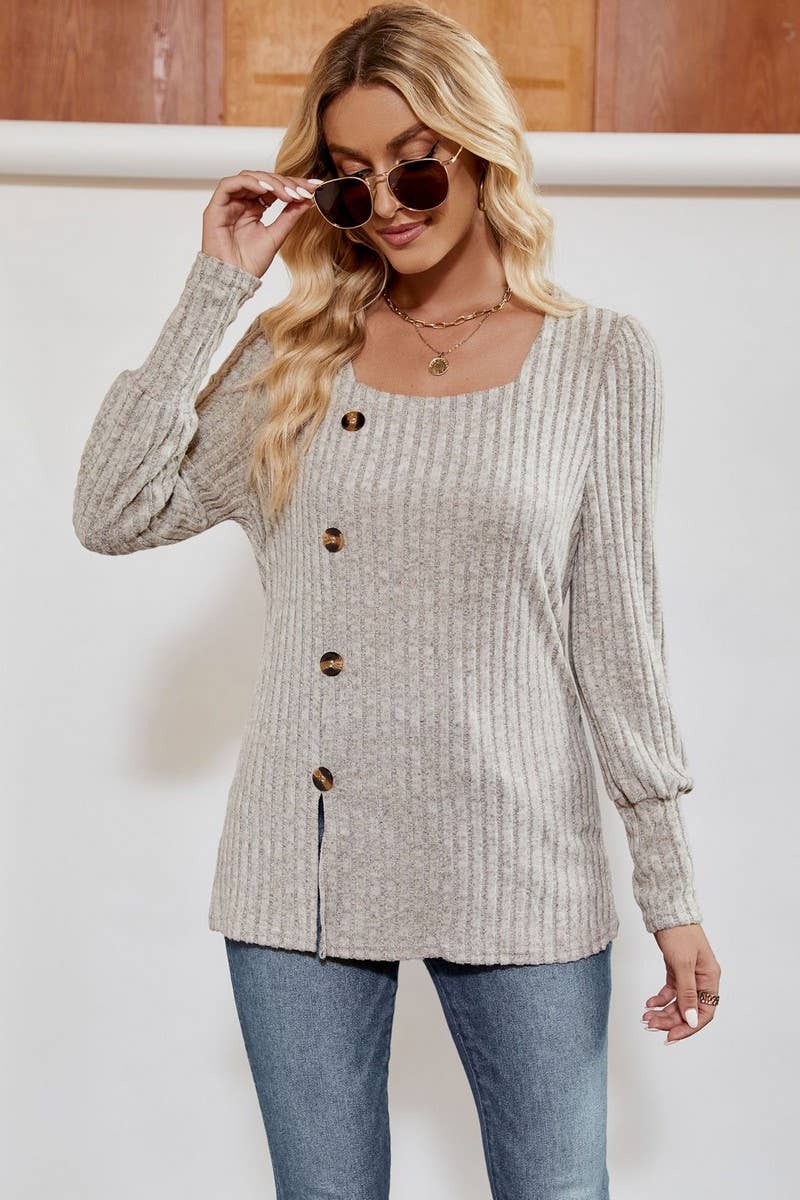 CWTBLL4014_RIBBED SQUARE NECK PUFF SLEEVE SPLIT HEM TOP