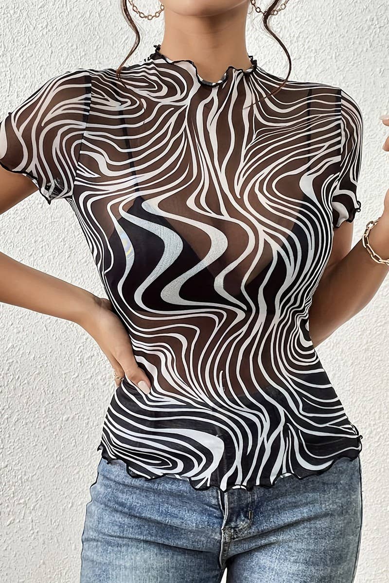 CWTBLS1544_MESH PRINT STRIPED RUFFLED SHORT SLEEVE TOP