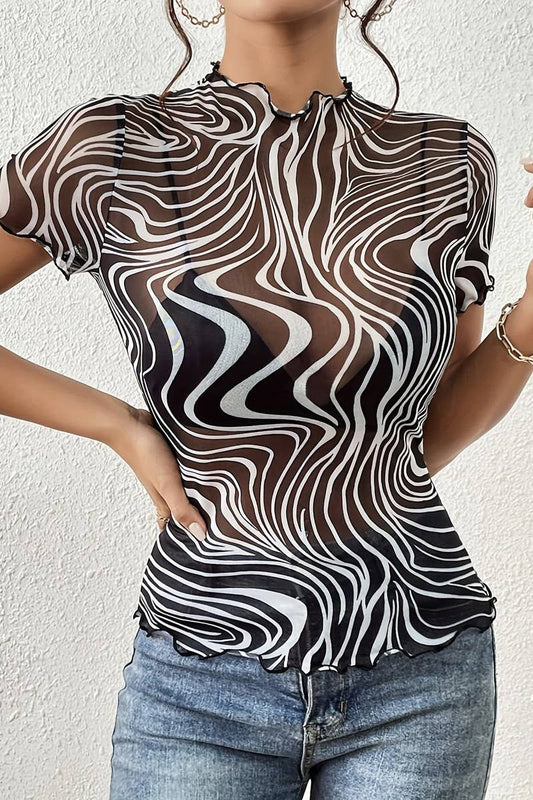 CWTBLS1544_MESH PRINT STRIPED RUFFLED SHORT SLEEVE TOP