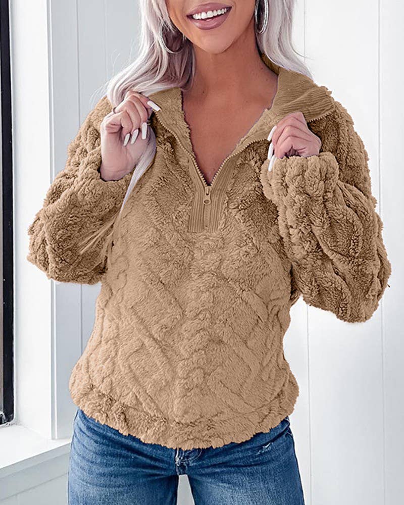 CASUAL LOOSE SOLID COLOR LAPEL FLEECE SWEATER
