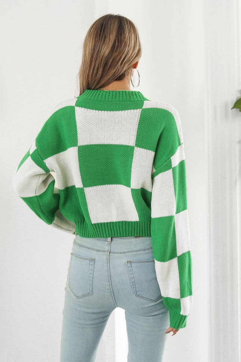 CWOSWL3966_CHECKERBOARD LONG-SLEEVED CROPPED SWEATER