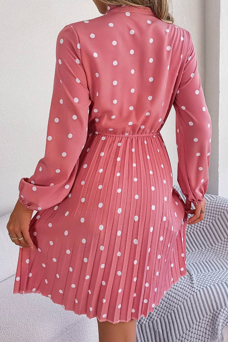 CWDSD4684_SUMMER POLKA-DOT WAIST LONG SLEEVE PLEATED DRESS