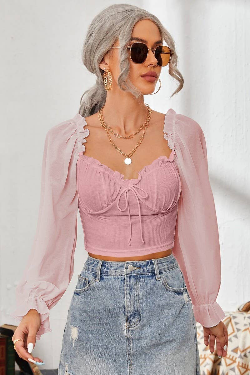 CWTBLL2261_SQUARE COLLAR RUFFLED LONG SLEEVE SHORT TOP