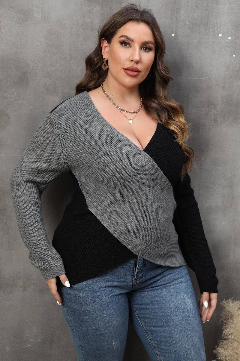 CWOSWL1569_PLUS Size V-Neck Long Sleeve Pullover Sweater