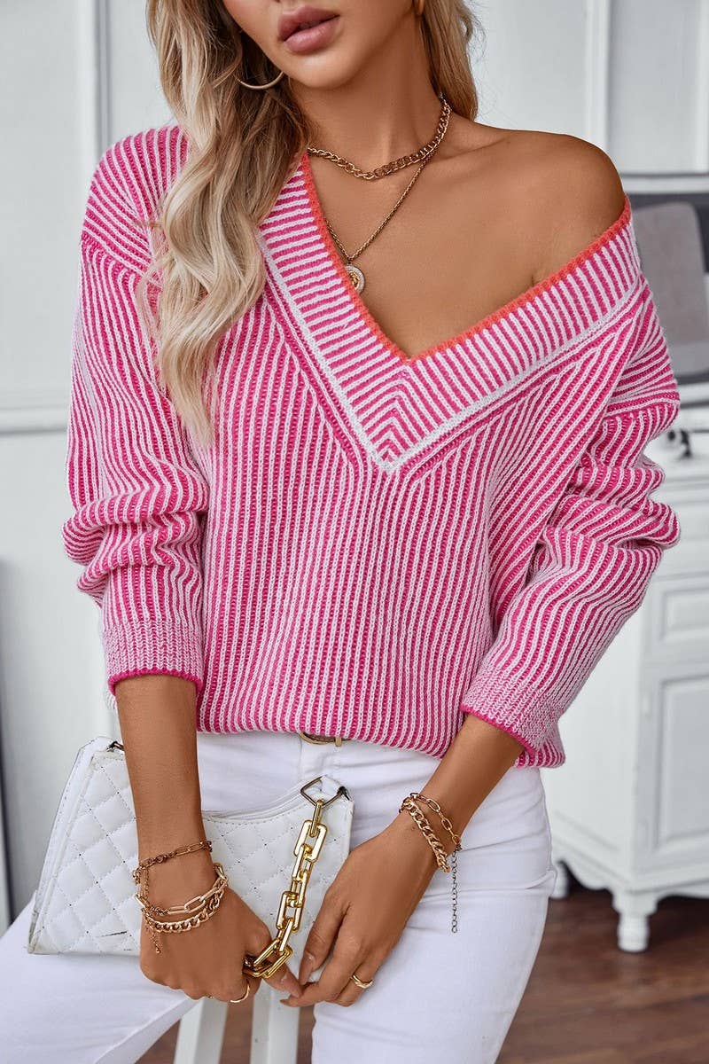 CWOSWL2834_V-NECK STRIPED CASUAL PULLOVER KNIT TOP