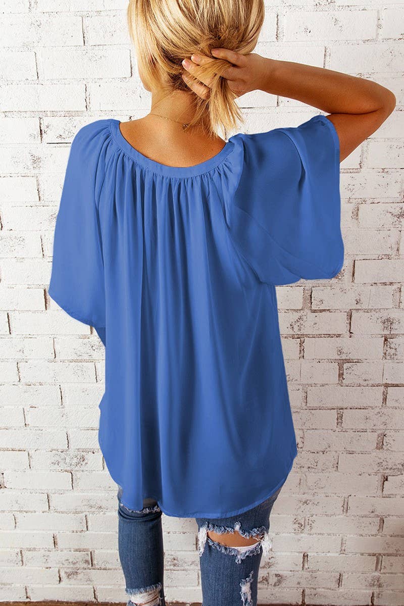 CWTBLS1790_SOLID COLOR LOOSE V-NECK T-SHIRT CHIFFON SHIRT