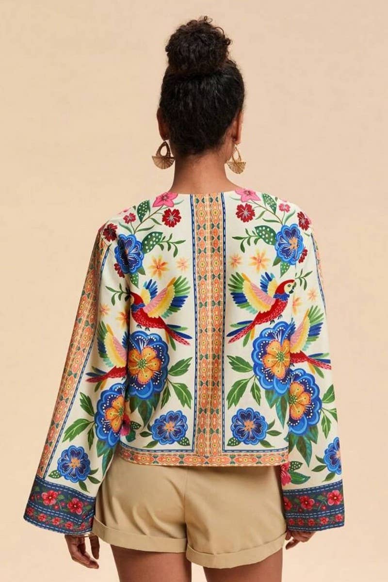 CWTBLL00636_CASUAL PRINTED TIE FRONT VACATION CARDIGAN TOP