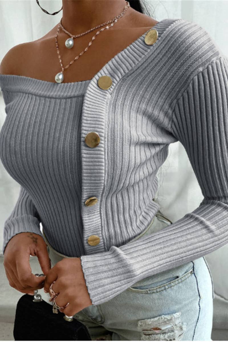 CWOSWL4862_FALL WINTER FASHION PATCHWORK BUTTON UP SWEATER