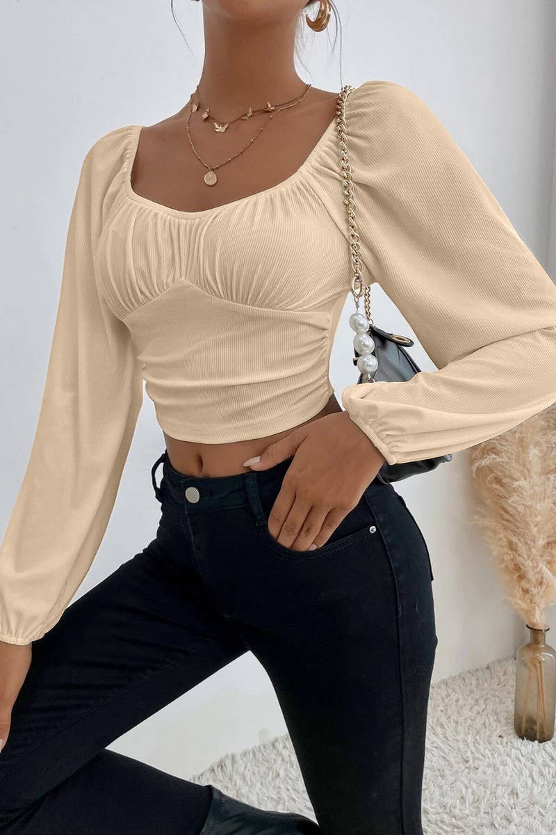 CWTBLL2226_SQUARE NECK LANTERN SLEEVES SHORT SOLID COLOR TOP