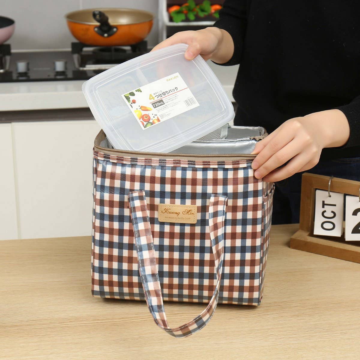 CHECKERED BENTO BAG LARGE CAPACITY CARRYING BAG_CWAB1728