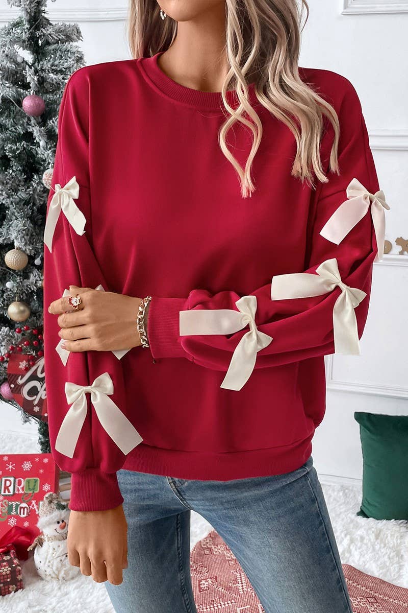 CWTBLL2301_ROUND NECK BOW RED CHRISTMAS SWEATSHIRT