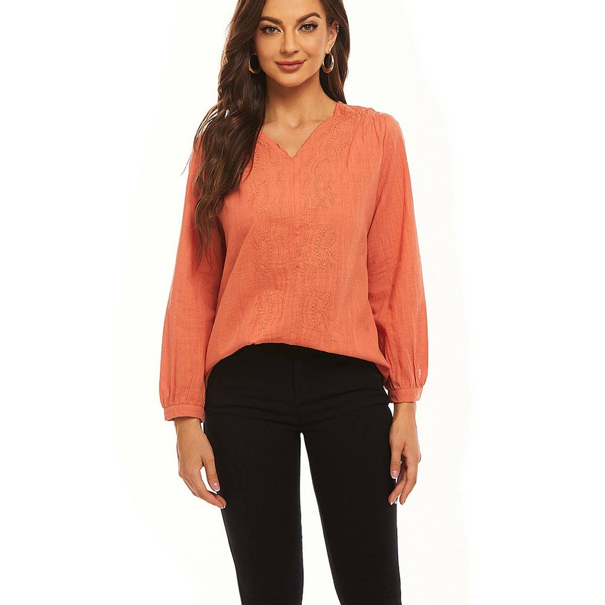 Cotton linen V-neck loose long-sleeved casual top