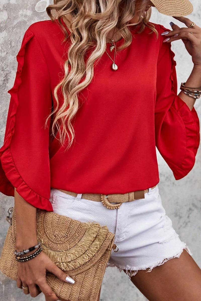 CWTBLS2263_LACE TRIM CREW NECK 3/4 SLEEVE ASYMMETRICAL TOP