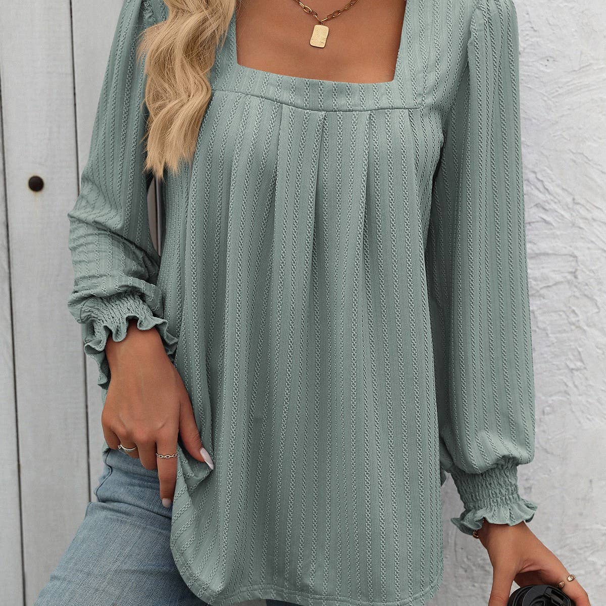 Casual square neck pleated long sleeve T-shirt
