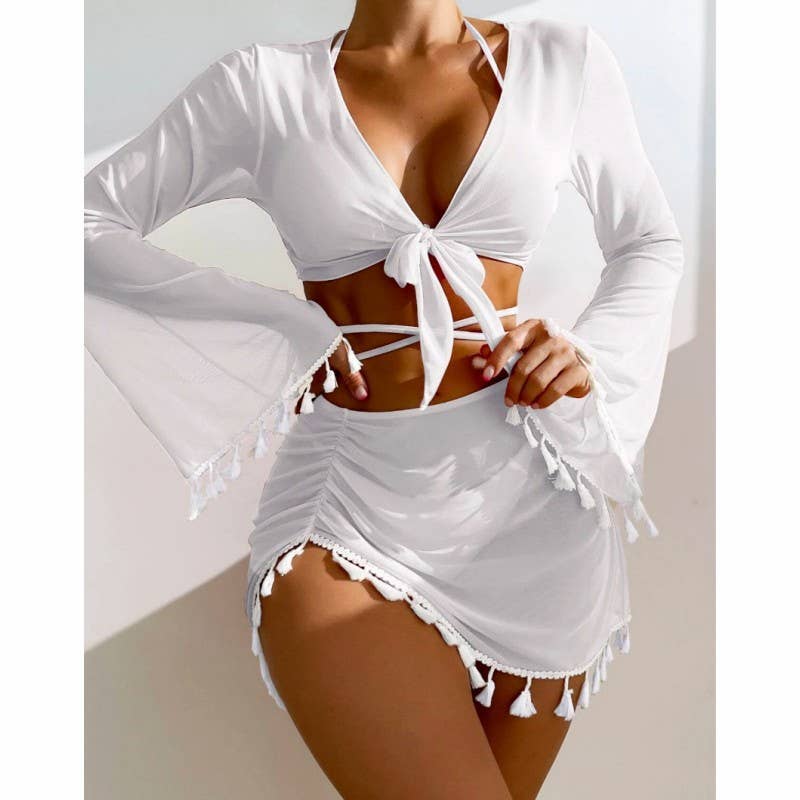 4 Piece Bikini Set - Modest Fringe Cover-Up_CWMW0144