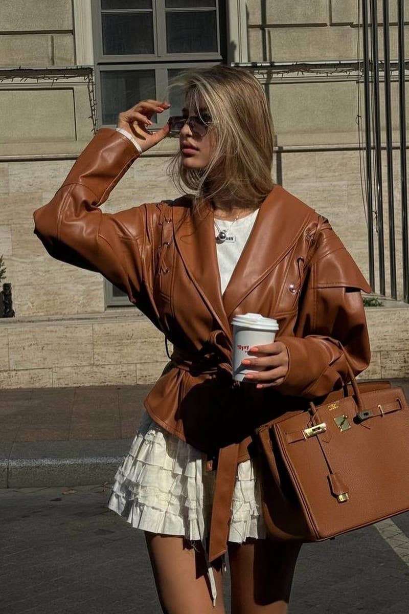 CWOCO1063_VINTAGE CASUAL LACE-UP FAUX LEATHER JACKET