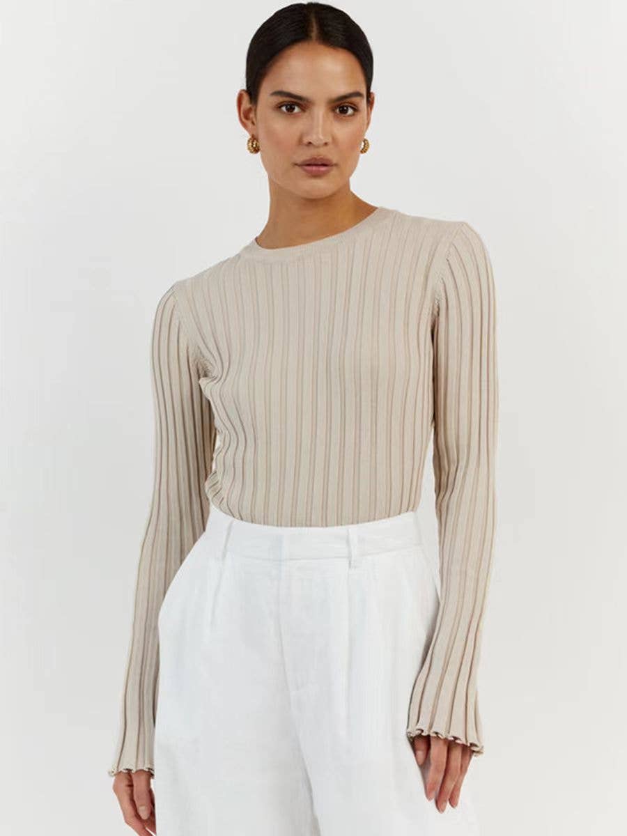 CREW NECK KNIT SWEATER LONG SLEEVE PIT STRIPE