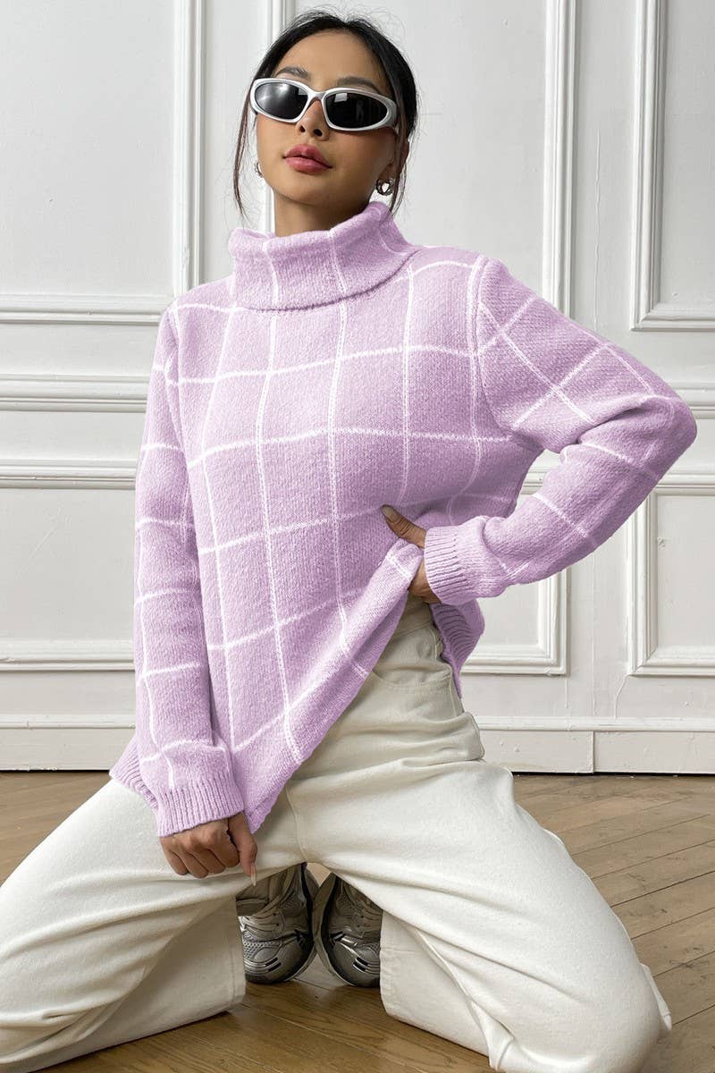 CWOSWL07336_WOMEN PLAID COLOR BLOCK TURTLENECK SWEATER