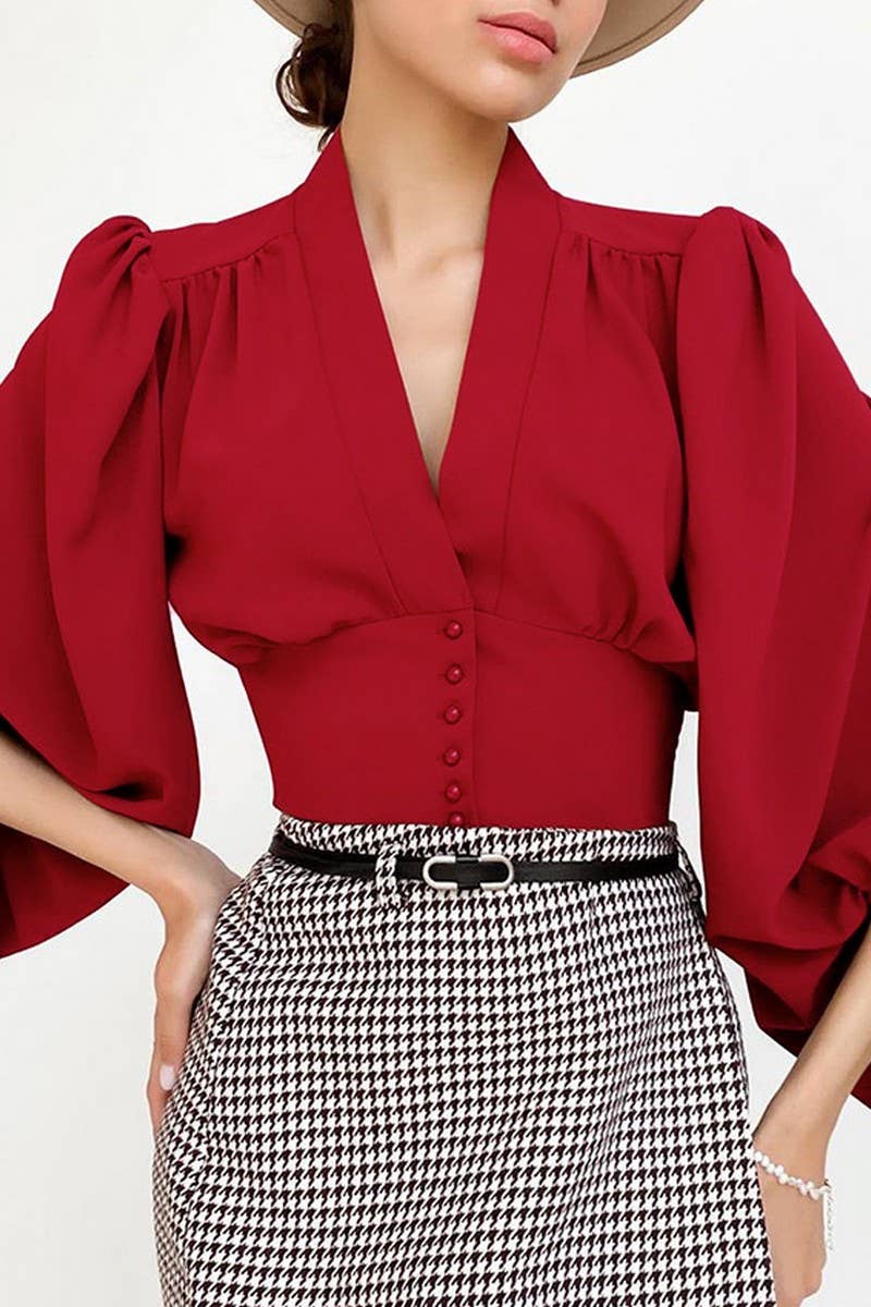 CWTBLL3355_V-NECK CROPPED NAVEL-BARING CHIFFON SHIRT TOP