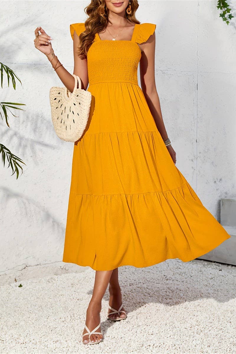 CWDHL0782_RUFFLED FLYING SLEEVES LONG FRENCH SLING DRESS