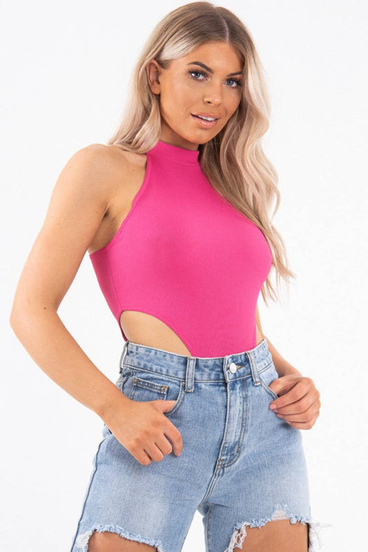 CWSBSSL0116_HALTER NECK SLEEVELESS HIGH SLIT BODYSUIT