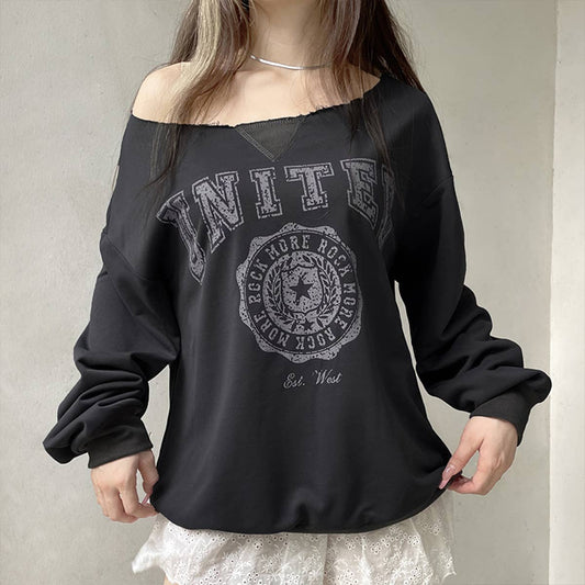 DARK PRINT LOOSE LARGE ROUND NECK PULLOVER HOODIE